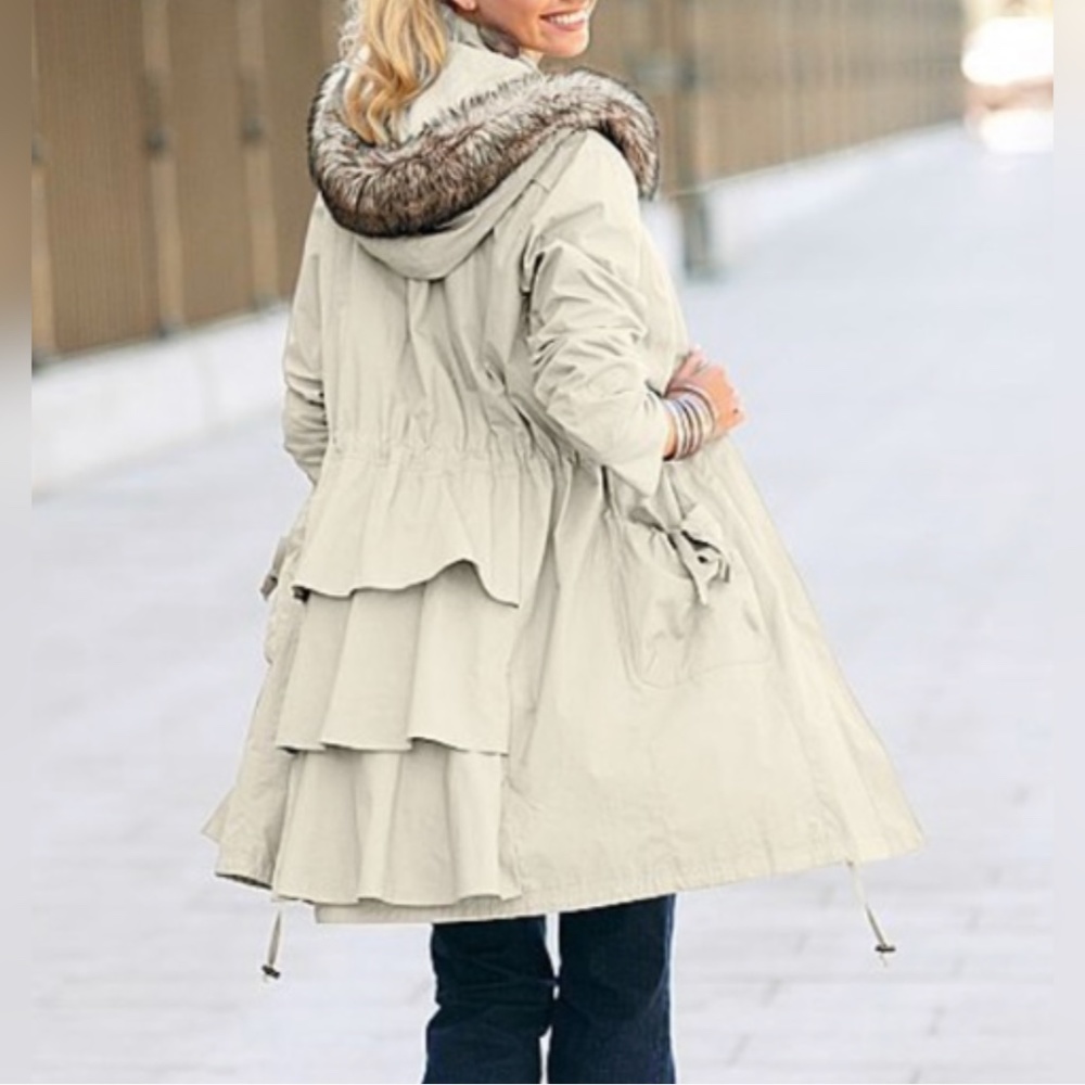 Faux Fur Hooded Ruffle Back Jacket Tan/ Ivory Large sz12